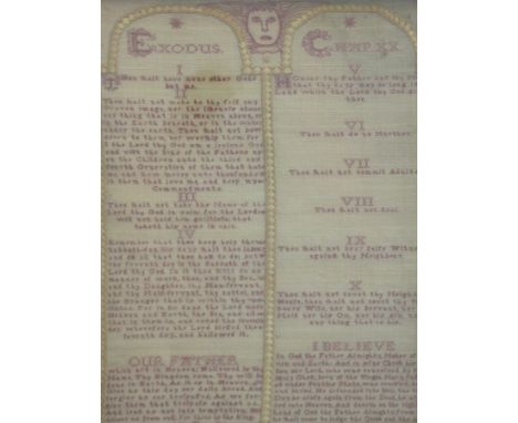 A very fine George II sampler by Elizabeth Powell 1732, with text from Exodus chapter 20 (The Ten Commandments) together with
