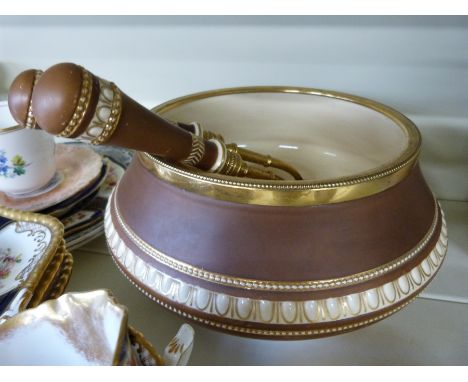 A 19thC ceramic salad bowl with gilt fitting together with a quantity of 19thC and later ceramics including Royal Worcester, 
