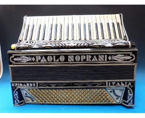 A Paolo Soprani 1930s Italian 120 bass piano accordion in black finish with diamanté embellishment with case (by C Fidardo)