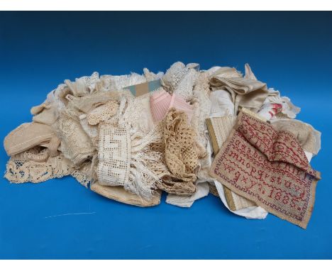 A quantity of lace and linen, a small sampler dated 1885