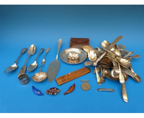 A collection of white metal items including bowl marked Posen 835 (78g) various cutlery including white metal, napkin ring an