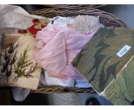Two baskets of vintage linen and lace including collars, beadwork, vintage clothing etc