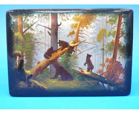 A Russian lacquer Fedoskino box with bear and cubs playing in a woodland landscape "Morning in the Woods" (signed lower left 