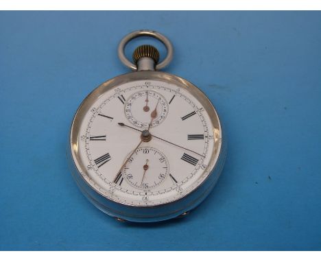 A c1900 gentleman's keyless continental silver pocket watch, with two secondary dials and seconds sweep hand for stopwatch fa