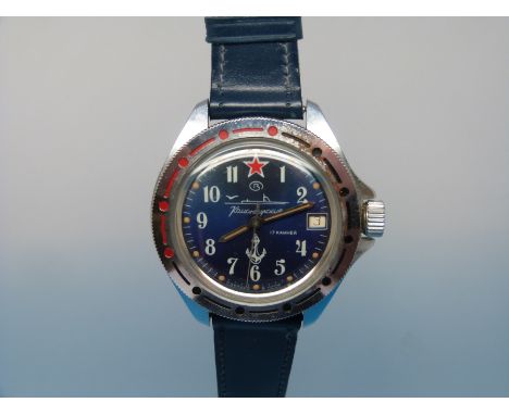 A vintage Russian Kaughqupckue submariners wristwatch with Arabic numerals on blue face with date aperture on blue strap, wit
