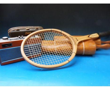 Two vintage Roberts radios, Slazenger tennis racquet and two part boot jacks