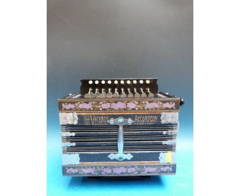 A Viceroy c1910 vintage melodeon ten tremble button, two bass buttons, two stops, poker work  floral decoration to case. Saxo