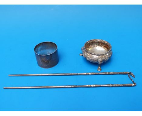 A pair of Chinese white metal chopsticks, possibly Pak Tong together with a hallmarked silver salt and napkin ring (92g)