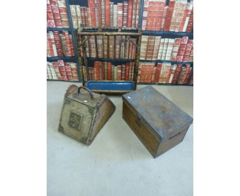 A walnut and brass mounted coal scuttle together with a bamboo stick stand and a metal trunk