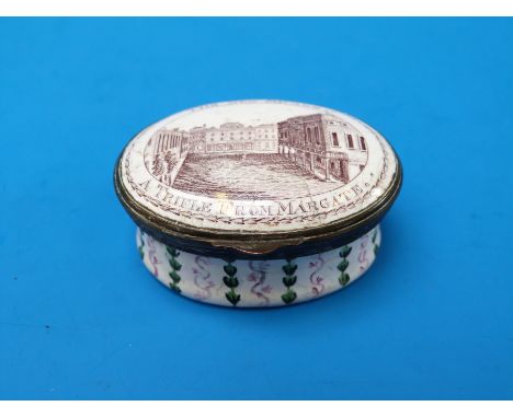 An oval-shaped Bilston enamel patch box, the top decorated with a street scene "The New Square, A Trifle from Margate" (5cm w
