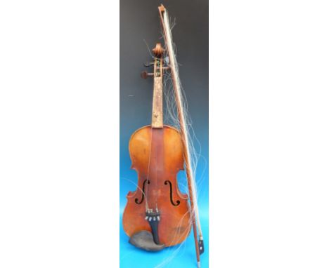 A Stradivarius copy violin, 36cm back with bow 