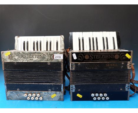 A Mastertone 8 bass German piano accordion c1930, child size keys, together with a similar Steldeni 8 bass model with case bo