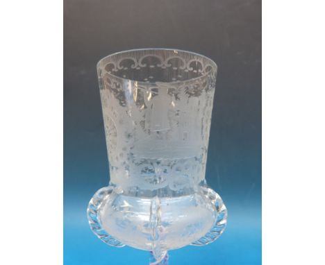 A 19thC Bohemian clear glass goblet etched to the body with hunting scenes among scrolling decoration, the lower half of the 