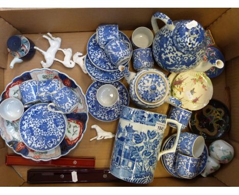 A collection of Japanese and Chinese wares including a blue and white tea set, cloisonne, Imari and an English pearlware mug