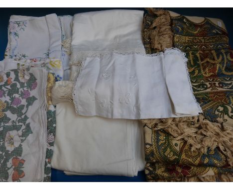 An Egyptian embroidery throw, vintage linen, nightdress with lace adornment