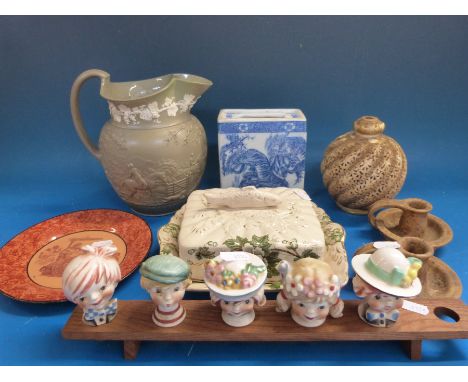 A Wedgwood hunting scenes jug, a sardine dish, a creamware plate, a Thoresby Hall chamber stick, novelty spirit pourers and a