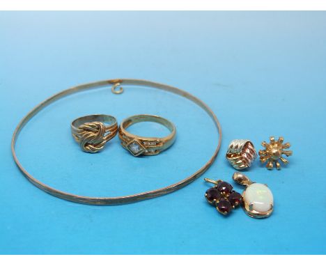 Two 9ct gold rings one set with clear stones and the other a knot design, a 9ct gold bangle, an opal pendant etc 