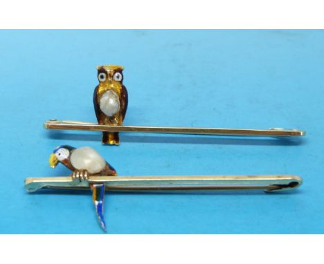 Two yellow metal bar brooches marked 15ct, one decorated with an owl formed by a pearl and enamel, the other with a parrot