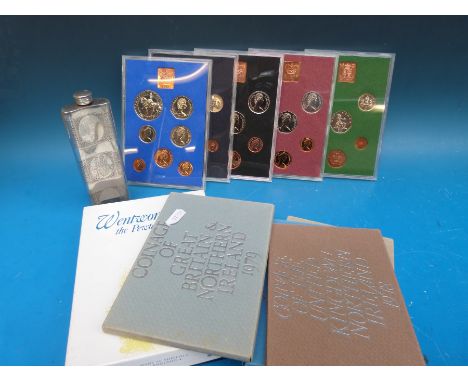 Five Royal Mint UK brilliant coin sets in perspex cases 1975-1979, includes 1977 Jubilee crown, together with a boxed pewter 