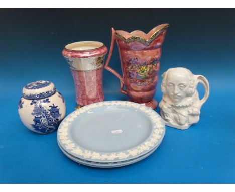 A large Maling jug in the Asturia pattern, Peony Rose footed vase, Wedgwood plates, Masons ginger jar etc