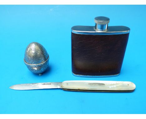 A mother-of-pearl handled hallmarked silver (Chester) fruit knife, a white metal pin cushion and a hip flask