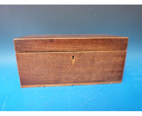 A 19thC mahogany two compartment tea caddy with central space for mixing bowl, width 30cm