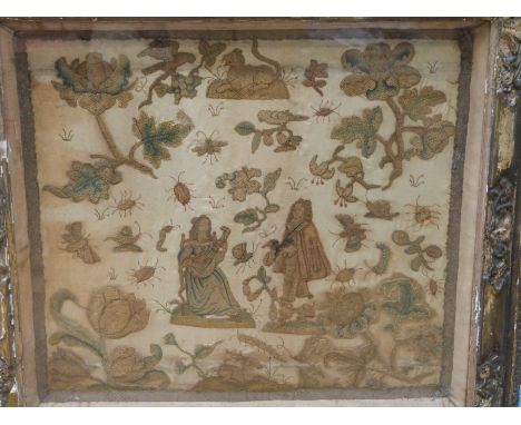 A 17thC embroidery of sweethearts in a garden, the lady playing a flute surrounded by individual insects, flowers, birds and 