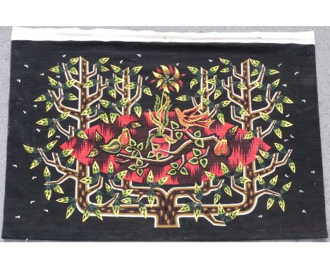 A Robert Four Aubusson style tapestry featuring birds in a tree. Robert Four was a pupil of Jean Lurcat and has his own galle