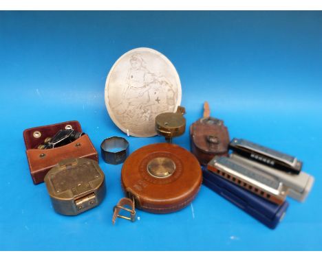 A quantity of collectables to include hallmarked silver napkin ring, Hohner mouth organs, marching compass, tape measure etc