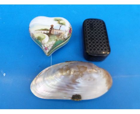 A lacquer snuff box with pewter geometric inlay, a purse formed from a shell with label for Lunt & Griffiths of Rhyl and a No