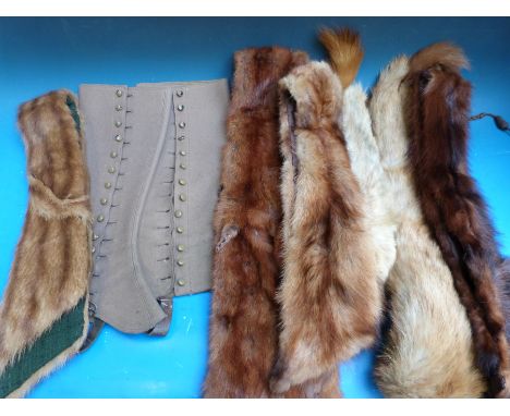 A collection of fur stoles, one sold by Jacobs and Smith, Cheltenham and a pair of vintage gaiters
