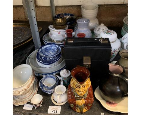 HALF SHELF TO INCLUDE GINGER JAR, TOBY JUG, CERAMIC TUREENS, A CASE OF 45'S, VASES, PLANT POTS ETC