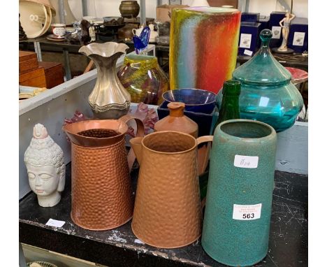 HALF SHELF TO INCLUDE COPPER JUGS, ART NOUVEAU STYLE FOOTED BOWL, GLASSWARE &amp; CERAMICS 