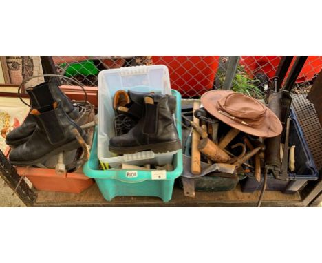QUANTITY OF TOOLS, WORK BOOTS, LEATHER HAT ETC
