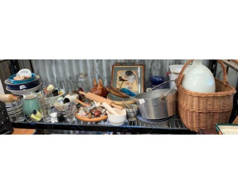 VARIOUS CERAMICS, GLASSWARE, ENAMEL BREAD BIN, WICKER BASKETS, PESTLE &amp; MORTAR &amp; OTHER ITEMS