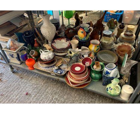 VARIOUS ART GLASS, CERAMIC JUGS, SOAP STONE ELEPHANT &amp; OTHER ITEMS