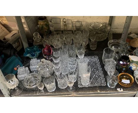 SHELF OF MAINLY CUT GLASS, MURANO GLASS VASE, MDINA GLASS ETC