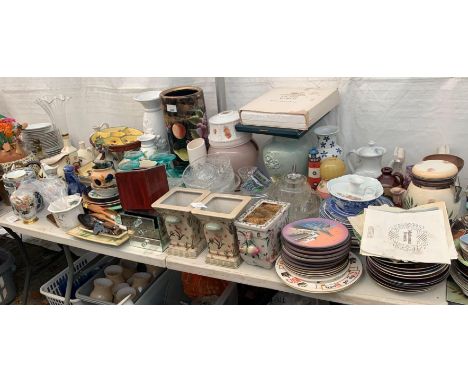 SHELF OF MAINLY CERAMICS INCLUDING LARGE VASE WITH HAND PAINTED FRUIT DECORATION, CUT GLASS, BOXED PORCELAIN PLATE COLLECTION