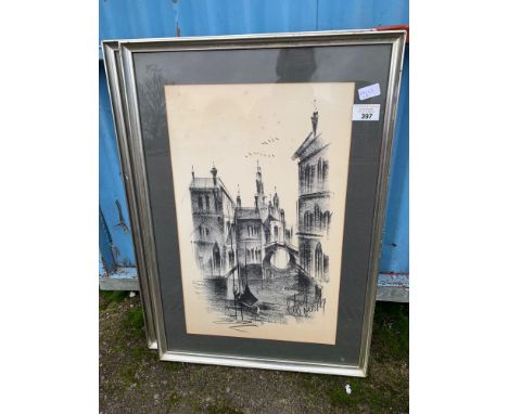 2 ABSTRACT ARCHITECTURAL/STREET SCENE VENETIAN DRAWINGS, CHARCOAL ON PAPER, SIGNED &amp; FRAMED 76 X 53CM