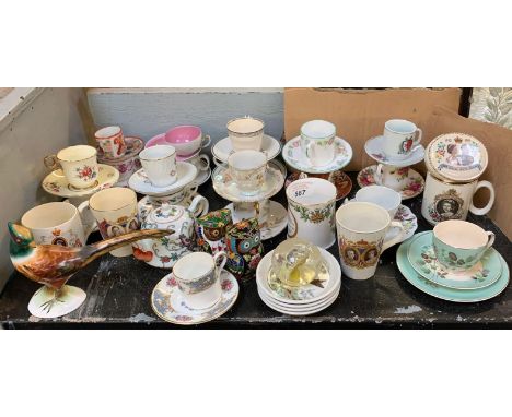 HALF SHELF OF CABINET CUPS &amp; SAUCERS INCLUDING COALPORT, JOHNSON BROS, BOOTHS, CORONATIONWARE ETC