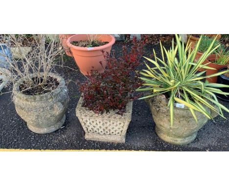 PAIR OF RECONSTITUTED STONE URN PLANTERS &amp; SQUARE COTSWOLD PLANTER