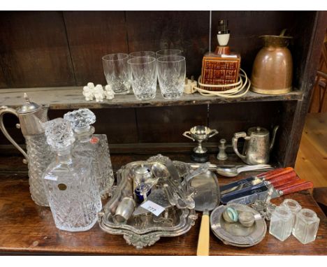 VARIOUS SILVER PLATE, POOLE POTTERY LAMP, GLASS DECANTER WITH OTHER  GLASS ETC