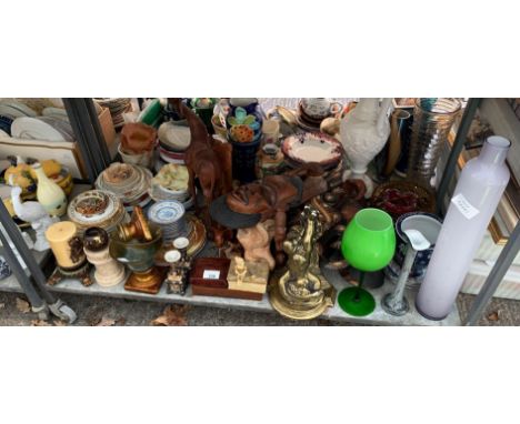 SHELF TO INCLUDE AFRICAN STYLE WOODEN MASKS, LARGE GREEN WINE GLASS, ORIENTAL STYLE ASHTRAY &amp; OTHER CERAMICS