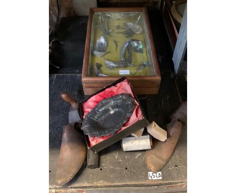 A SAXON WOODEN SHOE STAY +1, A CASED SHELL, DISPLAY, SILVER PLATED BOWL &amp; CAMERA