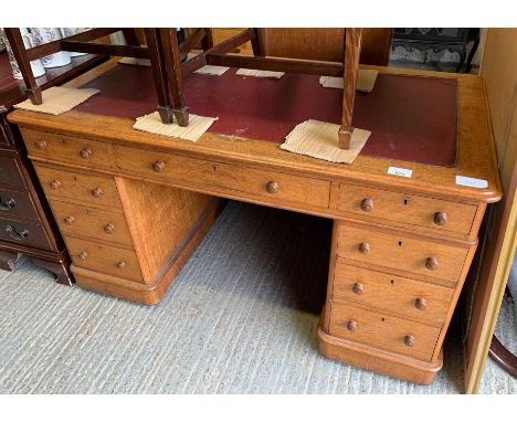 LIGHT OAK TWIN PEDESTAL DESK WITH RED LEATHERETTE INSERT