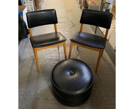 PAIR OF MID CENTURY DINING CHAIRS ALONG WITH A POUFFE