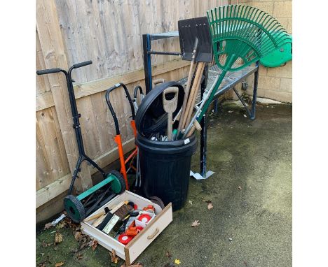 BLACK BIN OF GARDEN TOOLS, A SET OF SACK TRUCKS &amp; OTHER TOOLS