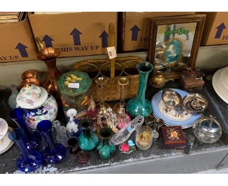 PART SHELF TO INCLUDE GRADUATED COPPER JUGS, VENETIAN GLASS, SILVER PLATE, PEARS SOAP ADVERTISING MIRROR ETC