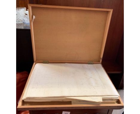 WOODEN BOX CONTAINING ARCHITECTURAL DRAWINGS