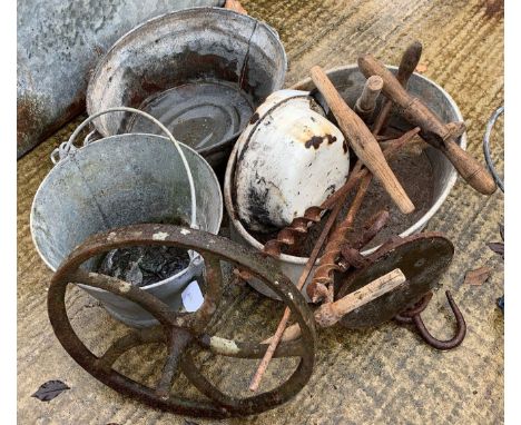 3 GALVANISED BUCKETS, ENAMEL POTS, CAST IRON WHEEL &amp; OTHER GARDEN ITEMS